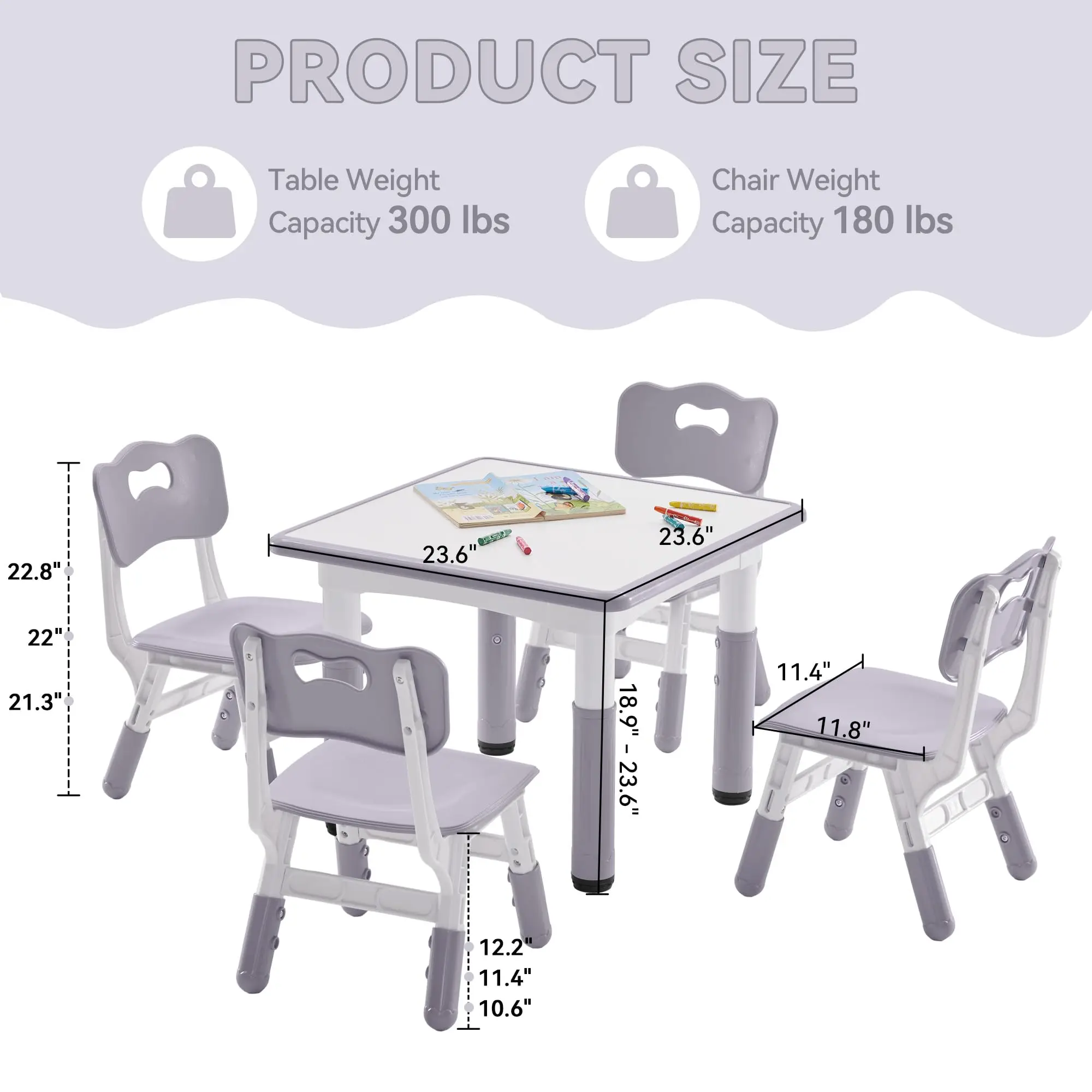 60*60cm Wood Plastic Table and Chair Set,Kids Daycare Furniture Graffiti Study Desk Adjustable Height 1 Table and 4 Chairs