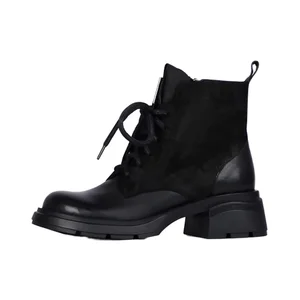 2026 Ladies Girls' High Top Ankle Boot Toe Genuine Leather Chunky Heel Anti-Slip Fashion Trend Lace-Up Short Plush Lining Rubber