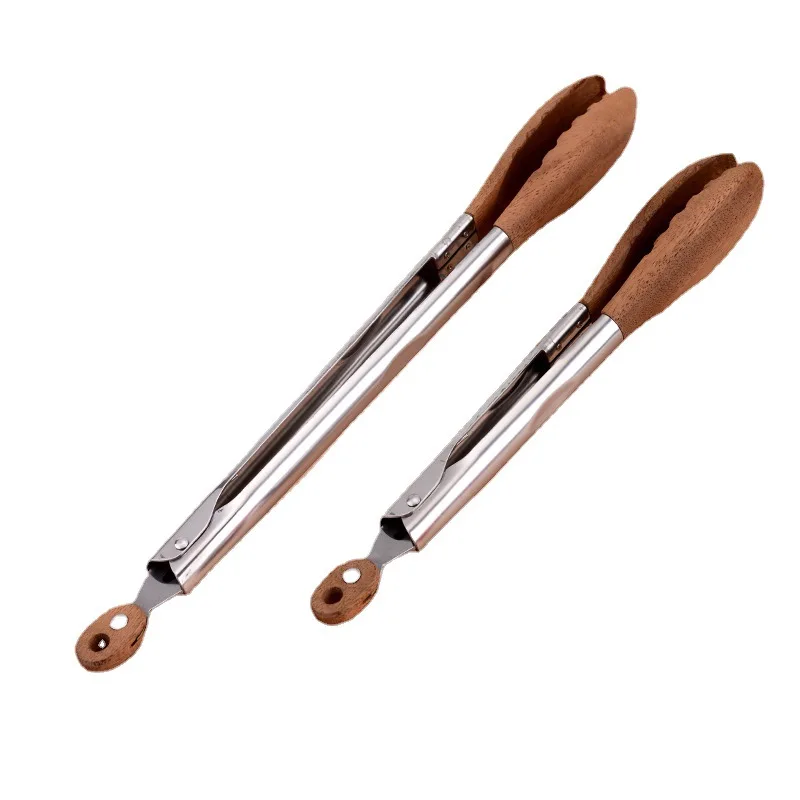 Hot Sale Stainless Steel Walnut Olive Wooden Kitchen BBQ Spaghetti Meat Garlic Clip Fry Food Tongs With Wood Lock manufacture