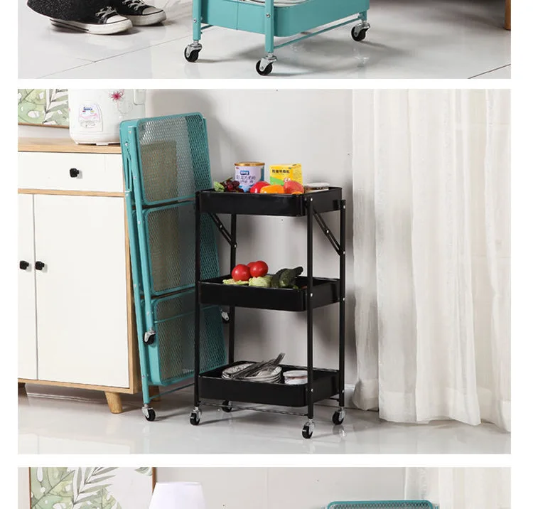 Folding Trolley Rack Floor Movable 3-storey Kitchen Basket Storage Rack Home Snack Storage Rack details