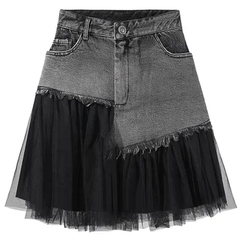 Custom Sexy High Waist Asymmetrical Denim Skirts Women 2021 Summer Black Solid Stylish Breasted Lace Up Jeans Skirt