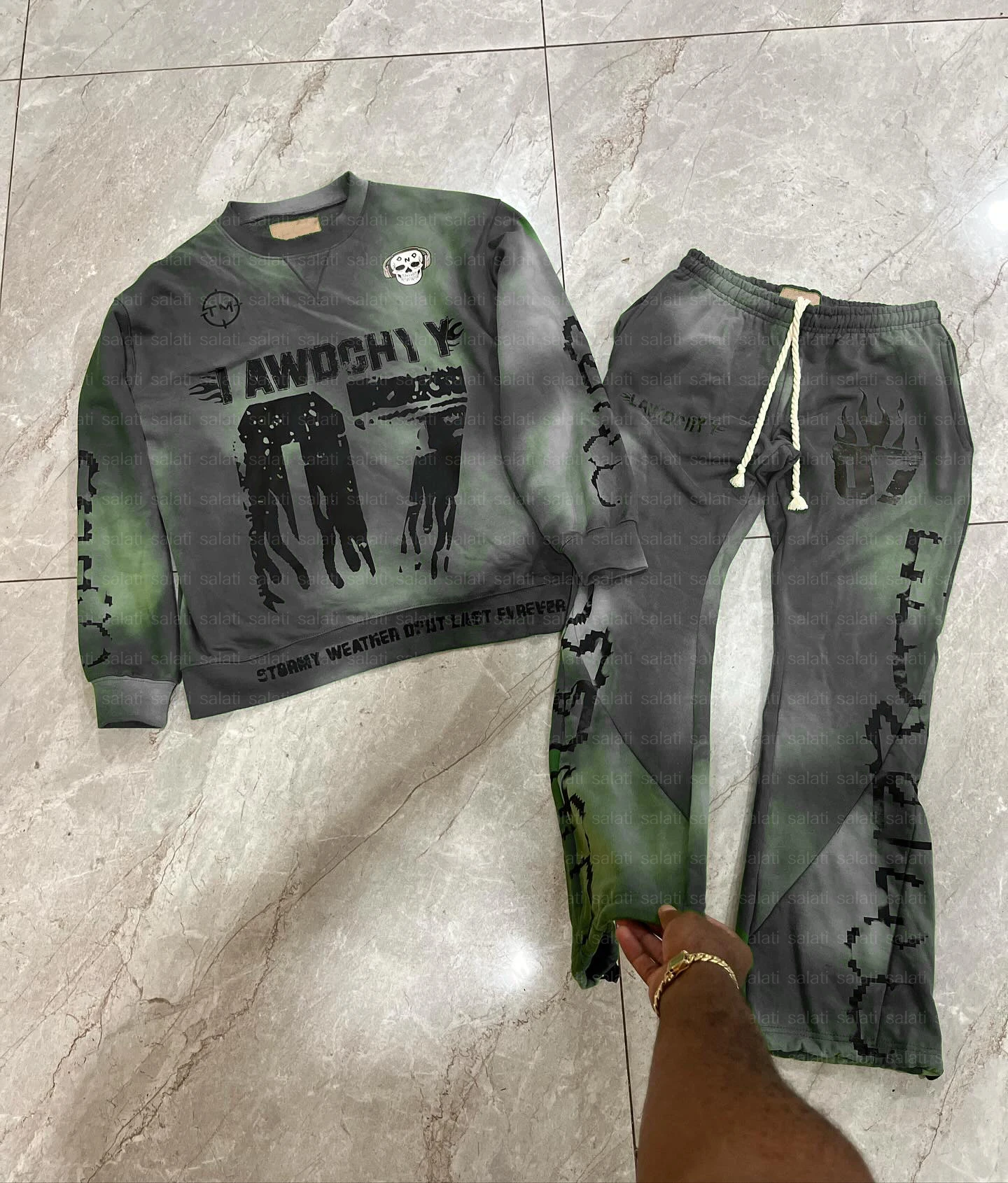 Custom Print Acid Wash Flared Tracksuit Cotton French Terry Sun Faded Sweatsuit Baggy Jogging Suit Sweatshirt and Sweatpants Set gallery 8
