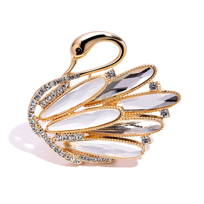 Fashion Swan Crystal Rhinestone Channel Brooches 24K Real Gold Plated Brooch Pins Women