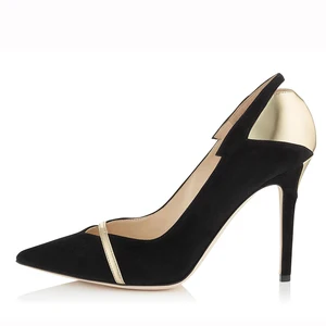 Factory Direct Women Black Suede Pumps Gold Accent Pointed Toe High Heel Custom Logo Office Party Wholesale