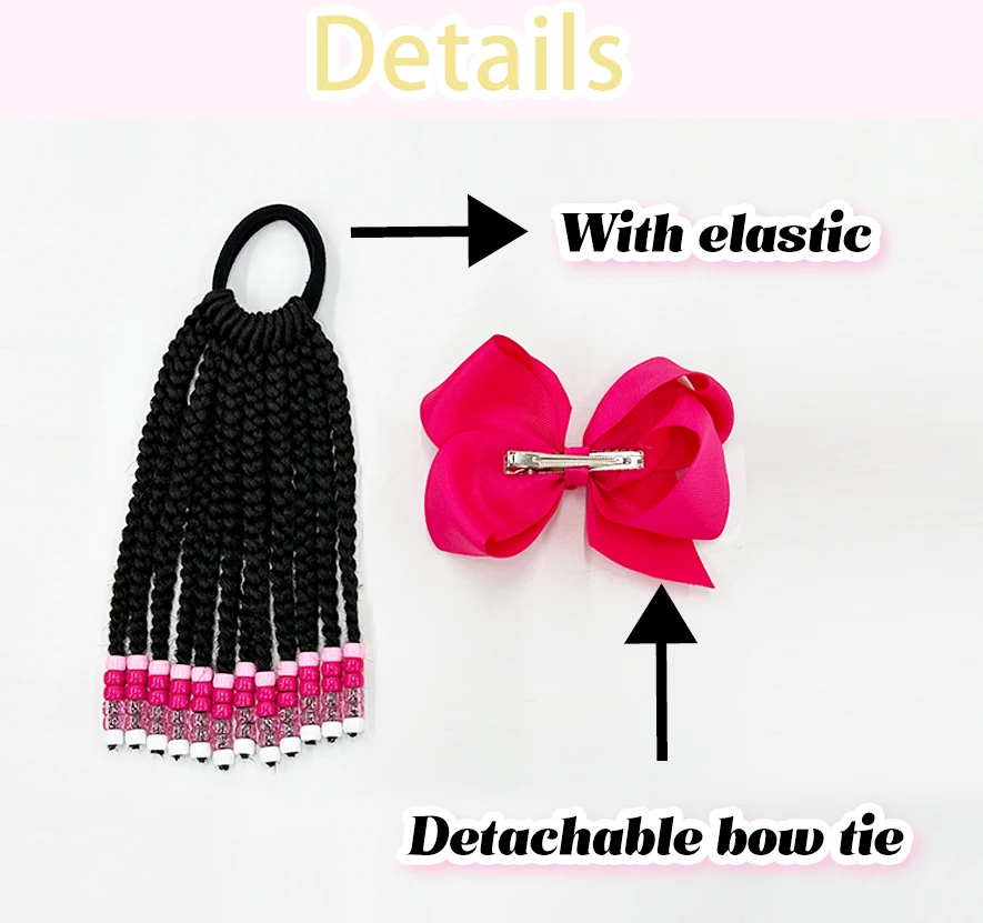 Vivian Box Braid Ponytails with Colorful Beads pink Bow Tie Cornrow Braids for Kids Baby Girl Fashion Hair Styles