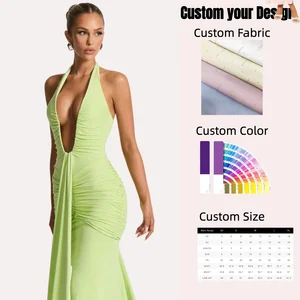 Summer Maxi Dress Halter Sleeveless Draped Club with Deep V Neck Backless Casual Ruched Sexy Solid Green Prom Evening Dress