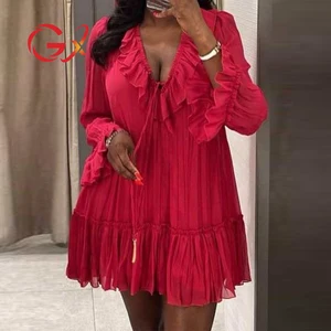 GX9062 Good Quality Fashion Women Clothing Vendor Long Sleeve V-neck Dress Sexy Elegant Loose Mini Dresses
