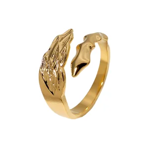 MW Trendy Waterproof Fine Jewelry Ring 18K Gold Stainless Steel Angel Wing Ring Women's Leaf Shape Opening Ring for Gift