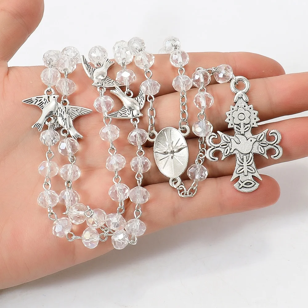 Rosario Cattolico In Cristallo Rosa Con Medaglia Terra Santa E Croce – Collana Lunga 20 Pollici In Confezione Velluto – Regalo Perfetto Per Comunione E Cresima