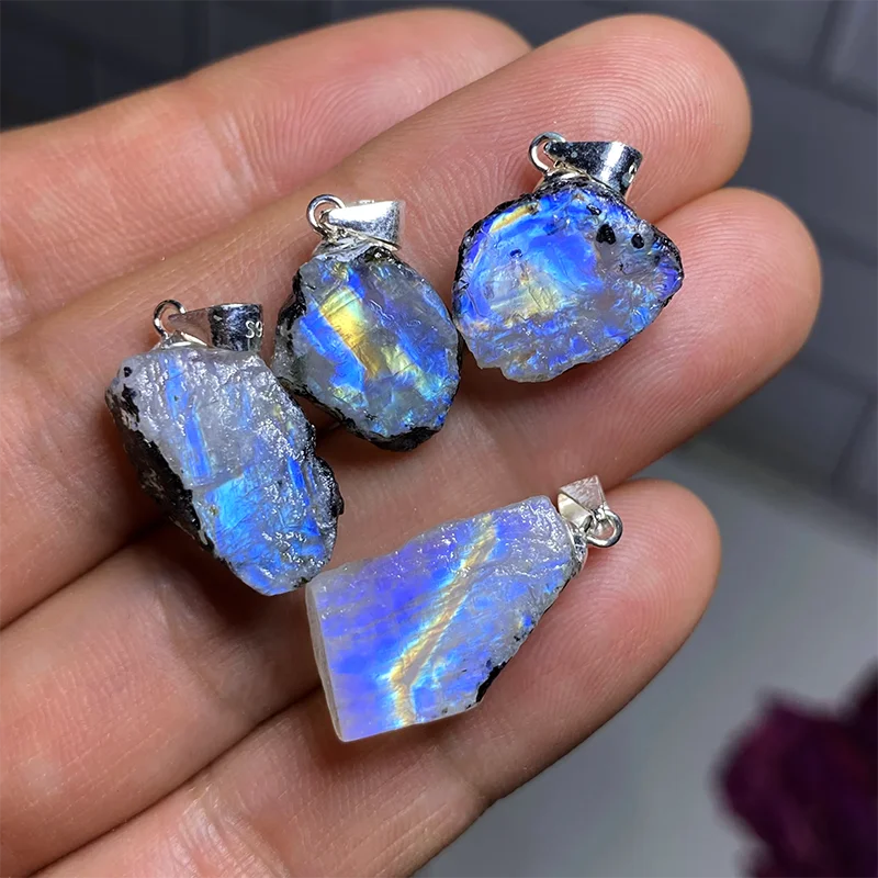 Wholesale Price Natural Rough Flash Moonstone Gemstone Crystal Necklace  Pendant With 925 Silver Hook
