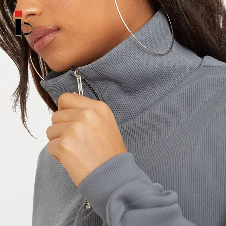 Custom Grey Rib High Neck Front Half Zip Long Sleeve Crop Top Hoodie for Women