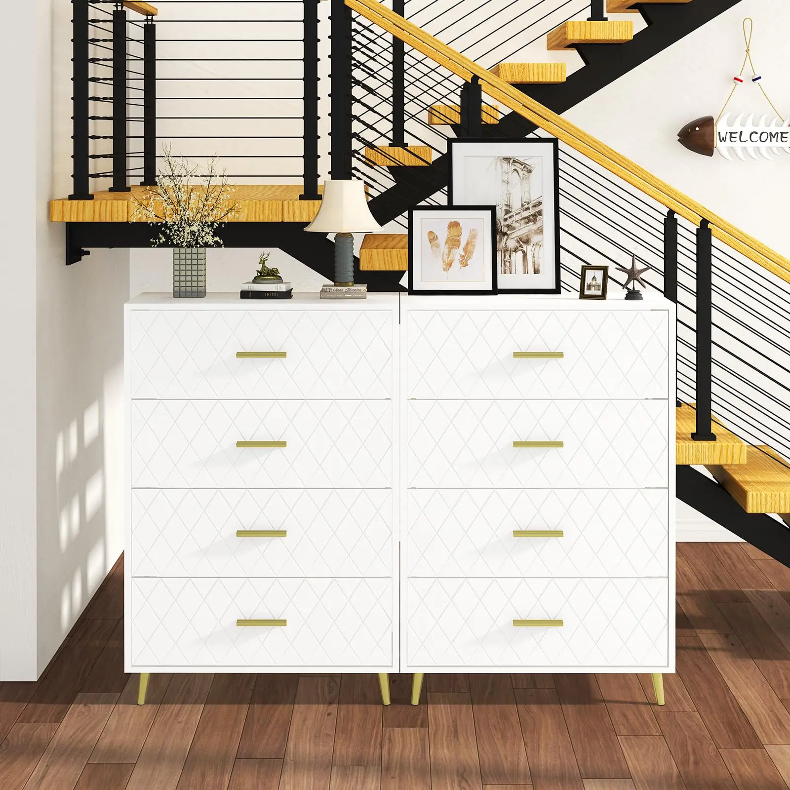 White 4-Drawer Dresser With Gold Handles - Tall Storage Cabinet For Bedroom, Living Room, Or Kids' Room Narrow Dresser For Small Spaces White 4-Drawer Dresser With Gold Handles - Tall Storage Cabinet For Bedroom, Living Room, Or Kids' Room Narrow Dresser For Small Spaces