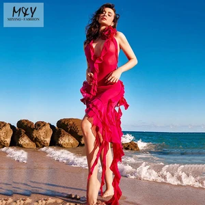 Fashion Women Long Ruffled Beach Transparent Elegant Sexy Dresses Deep V-neck Knitted Chiffon Club Party Dress for Vacation