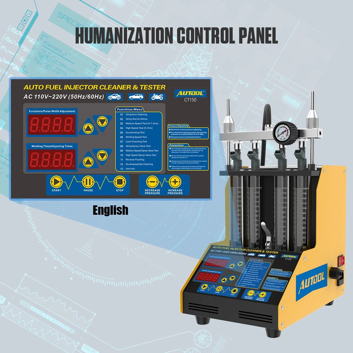 AUTOOL CT150 Original Car Fuel Injector Tester Cleaning Machine Motorcycle Fuel Injector Tester Cleaner 4 Cylinders
