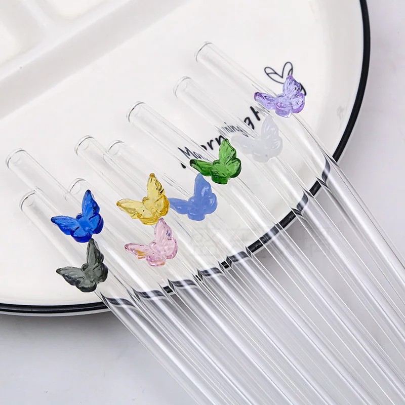 High Appearance Level Colorful New Color butterfly Pyrex Glass Straw Juice Coffee Milk Elbow Straw