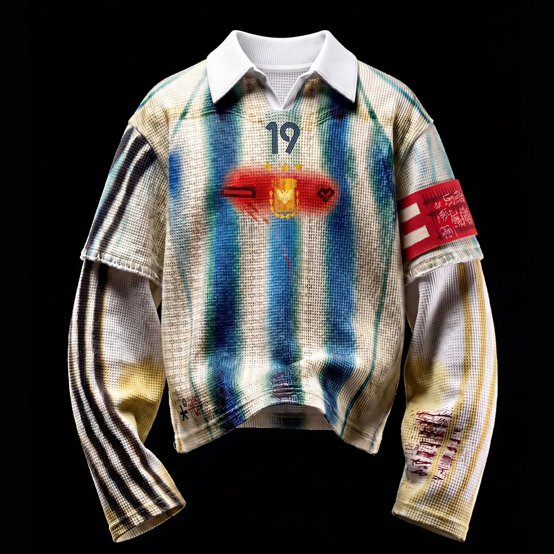 Uliční móda, přizpůsobitelný top s dvojím rukávem z vlnitého pleteného materiálu, mužské dlouhé tričko ve sportovním stylu s retro pruhovaným vzorem a digitálním potiskem DTG