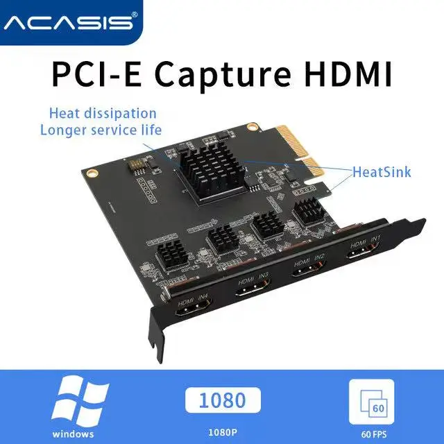 Carte De Capture Vidéo ACASIS PCIe HDMI 1.4, 1080p 60Hz, 4 Ports, PCIe 2.0, Neuve