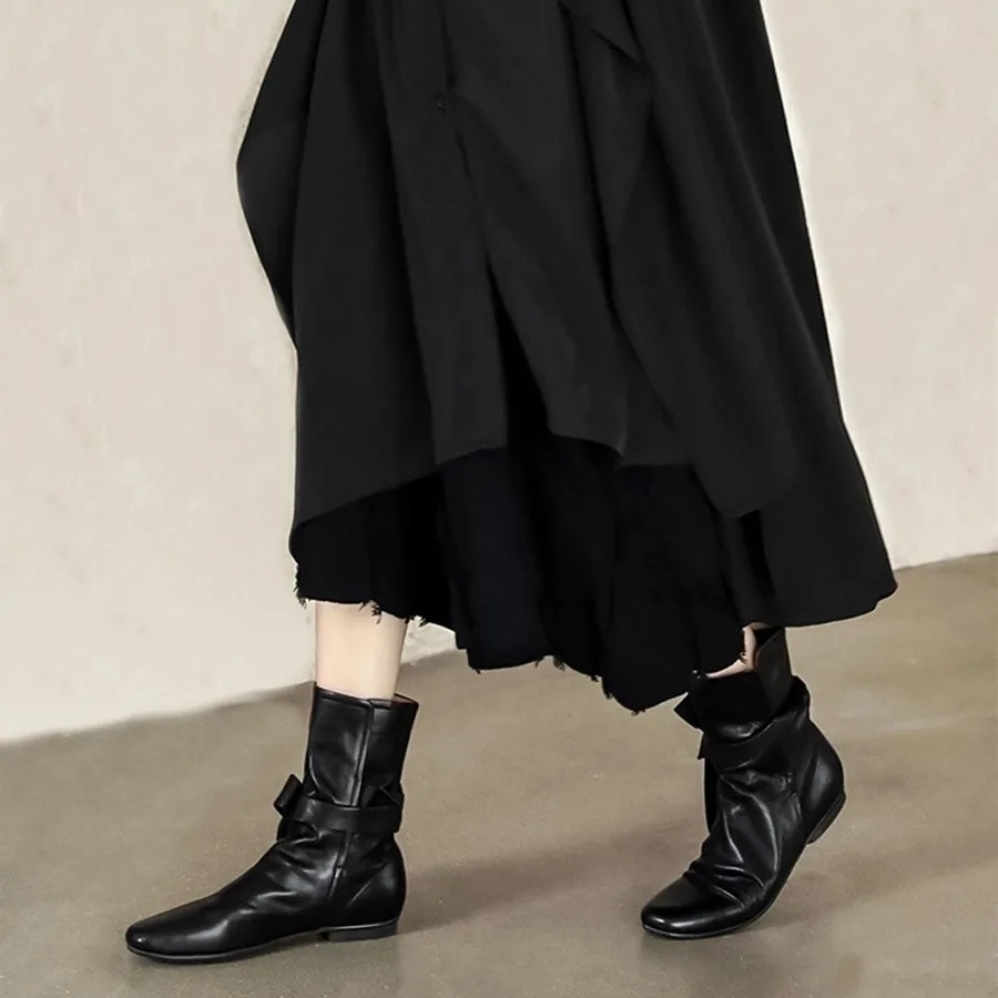 Genuine Leather Women Western Pleated Pile Boot Round Toe Low Heel British Chelsea Ankle Flat Boots For Ladies - Image 4