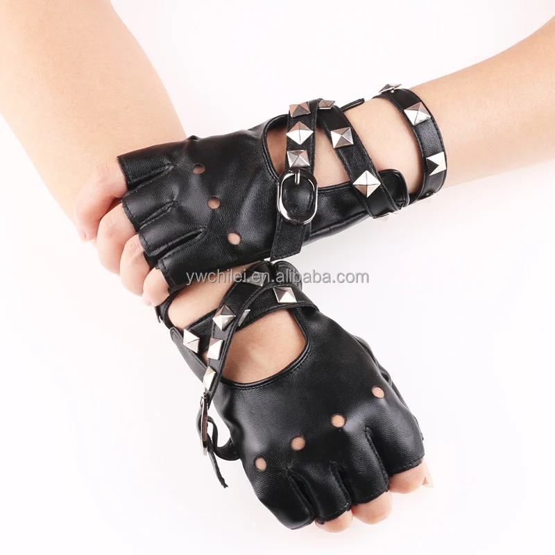 Wholesale Women Girls Punk Rivets Half Finger Gloves Faux Leather