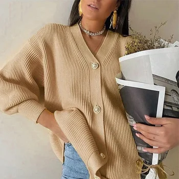 2024 new V-neck sweater jacket women's solid color casual cardigan loose knit breasted cardigan sweater