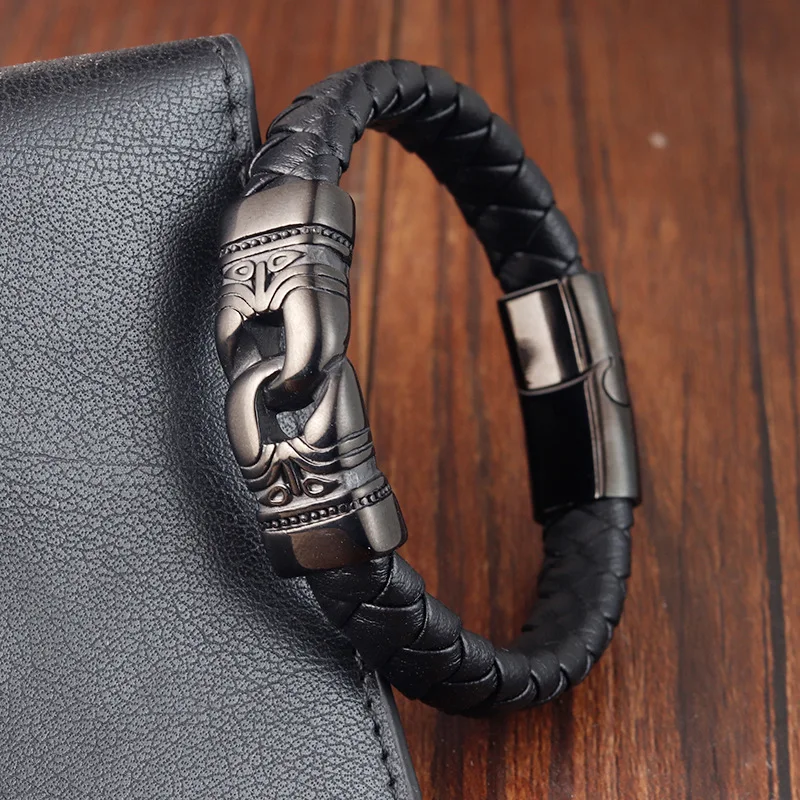 Bracelet Homme Acier Inoxydable Et Cuir Noir - Fermoir Magnétique 20,5 Cm