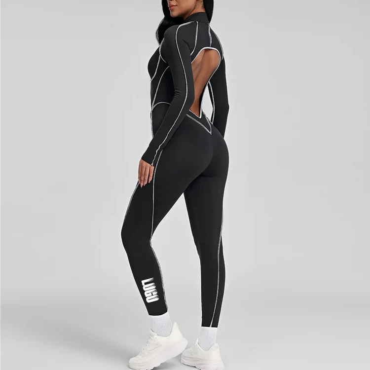 OEM Custom Manufacturers Long Sleeve Onesie Contouring Seams Open Back Bodysuit Zip up Jumpsuit Contour Stitch Catsuit for Women