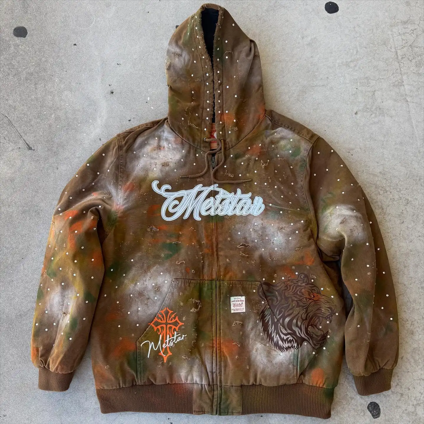 Custom Heavyweight Acid Wash Oversize Hoodie Sunfad Oversized Men Hoodie Rhinestone Reserve Seam Boxy Worn Effect Hoodie for Men