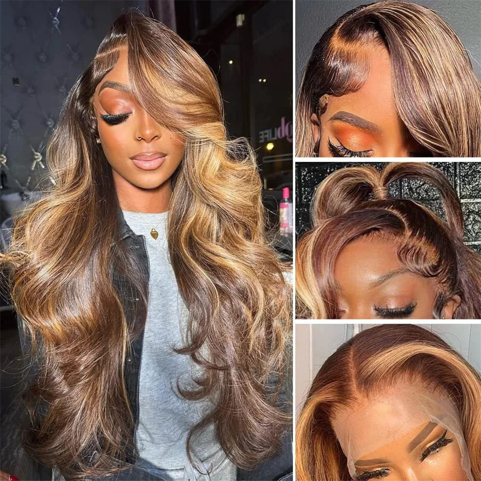 Perruques en dentelle frontale ombrées, cheveux humains, 4/27, blond miel, ondulées, HD, transparentes, pré-épilées_voghion.com
