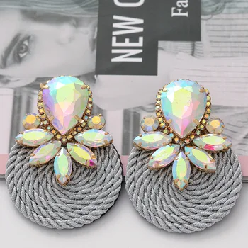 Alloy exaggerated geometric glass diamond inlaid rhinestone polyester elastic thread woven circular new stud earrings for woman