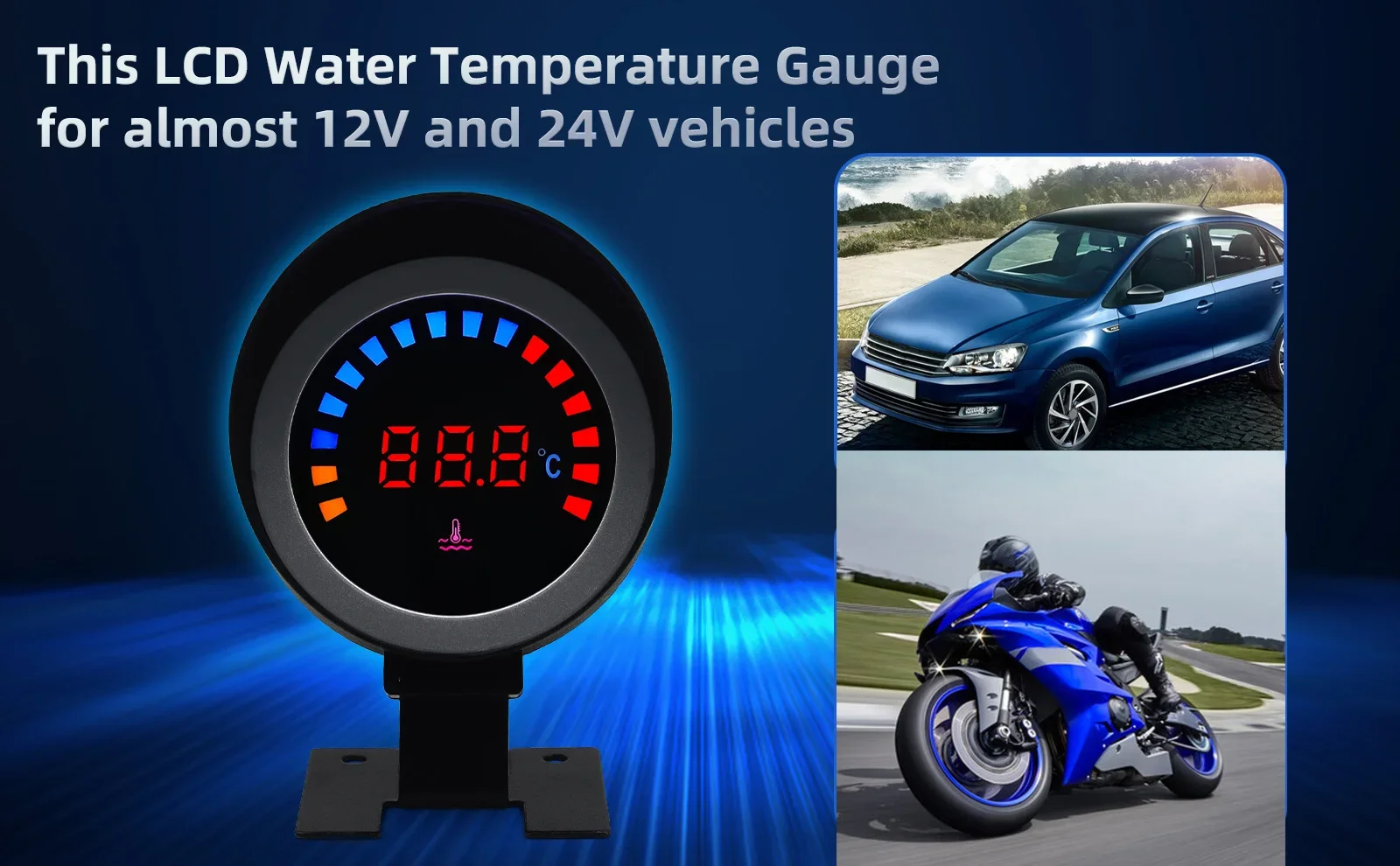 52mm Water Temperature Gauge with Sensor Water Temp Meter Adaptor Joint Pipe Radiator 26-40mm for Gasoline Diesel Car 12V24V