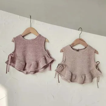Autumn New Product Baby Vests Girl Knitted Sweaters Vest Lace-up Ruffled Sweet Soft Baby Waistcoat Tops