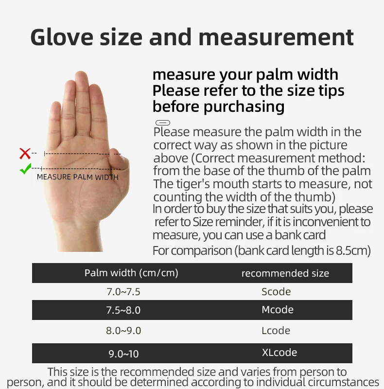 Size Chart for Cycling Glove in kenya