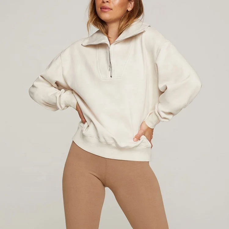 Source High Quality Custom Logo Women's Crew Neck Hoodies 100% cotton half  zip pullover sweatshirt for women on m.alibaba.com