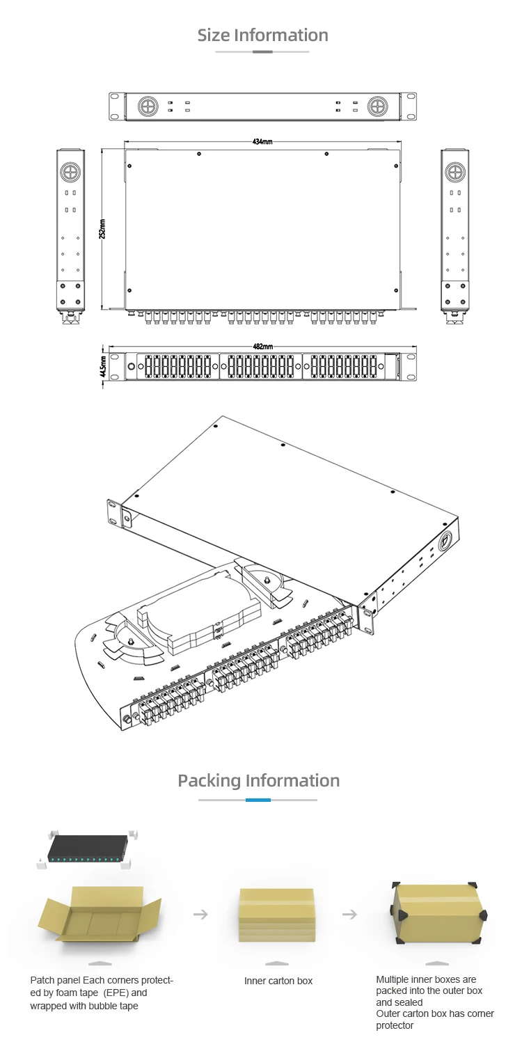 19 Inch 1U 2U 24 Port Fiber Optical Patch Panel Metal Box