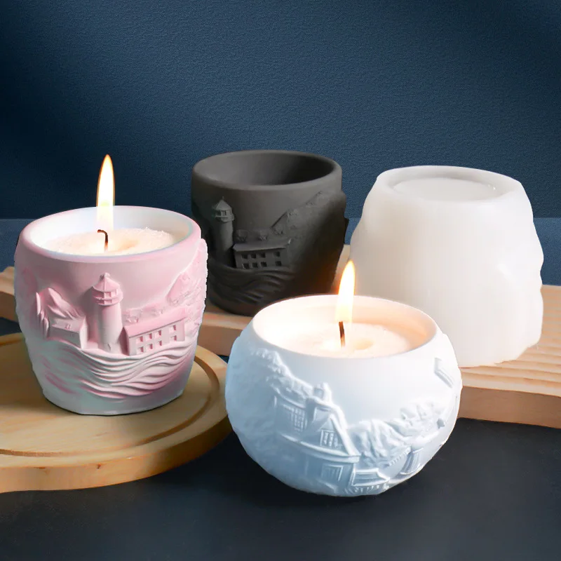 DIY Relief Lighthouse House Silicone Mold for Flowerpot Drip Glue Grinding Tool Windmill Room Storage Jar for Cement Cake Tools manufacture