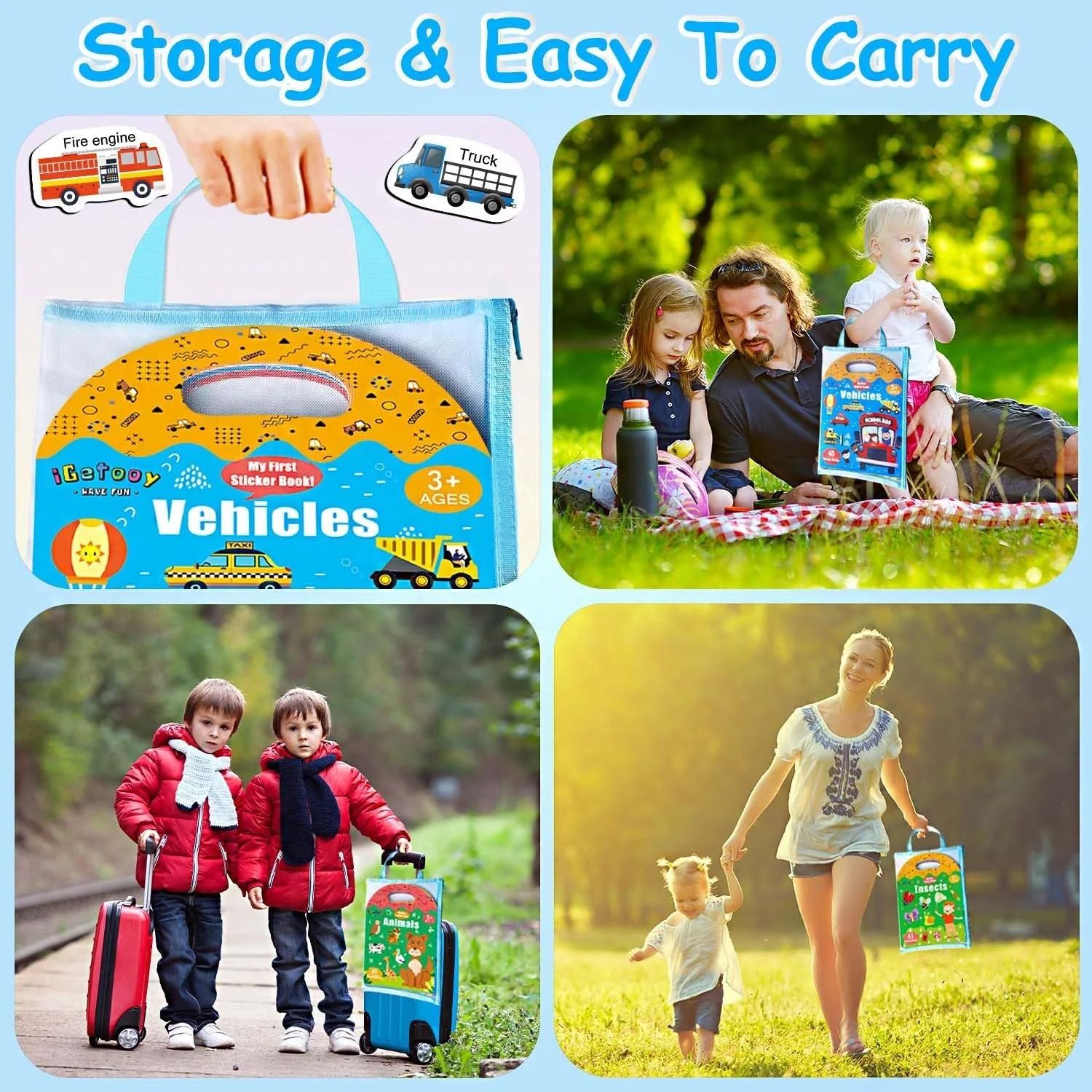Reusable Sticker Book Waterproof Sticker for Girls Boys Road Trip Toddler Plane Train Car Travel Essential Toy (Vehicle/Space/Di