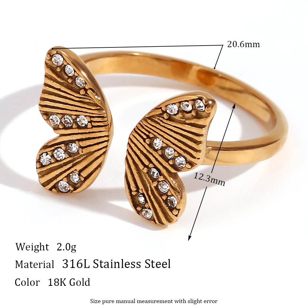 Tarnish Free Jewelry Ring Zircon Butterfly Open Ring Gold Plated