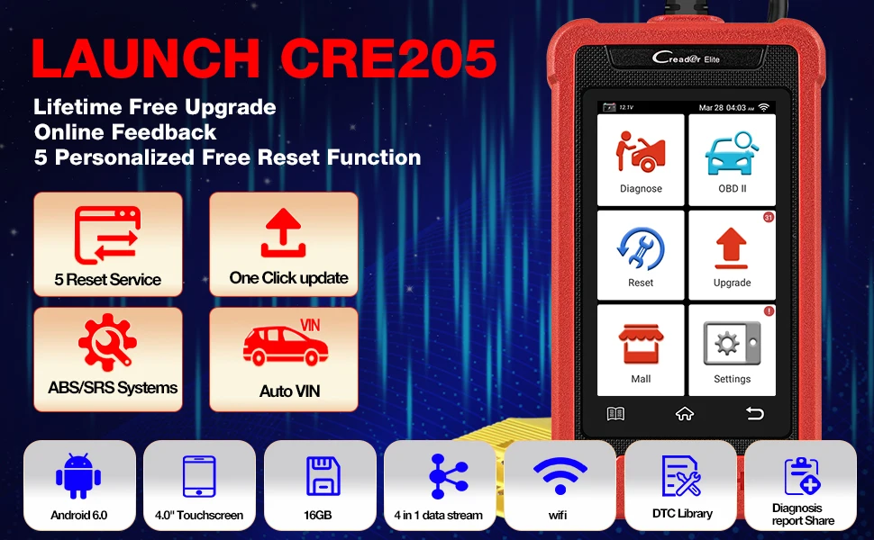 LAUNCH X431 Creader Elite CRE205 obd2 scanner ABS SRS Automotive diagnostic  Tools 5 Reset Car diagnosis Lifetime free Update