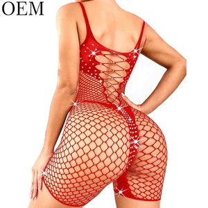 Sexy Rhinestone Embroidery & Ruffles Bodysuit Fishnet Rave Outfits Plus Size Jumpsuit Romper Bodystocking for Women Lingerie