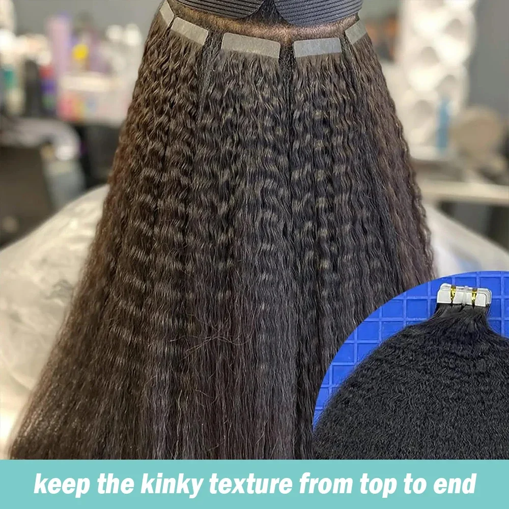 Kinky Straight Tape In Human Hair Extensions Black Remy Hair_voghion.com