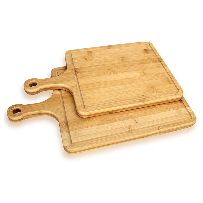 Bamboo Cutting Board with Handle Set of 2 Chopping Board with Juice Groove for Meat, Cheese, Bread, Vegetables &Fruits