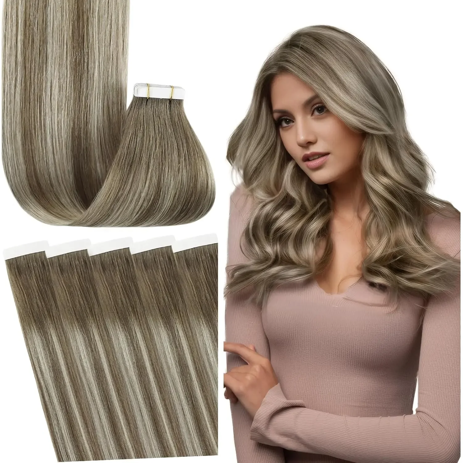 Laavoo Remy Tape in Hair Extensions 100% Real Brazilian Hair Straight Natural PU Skin Weft Tape in Hair 20Pcs_voghion.com