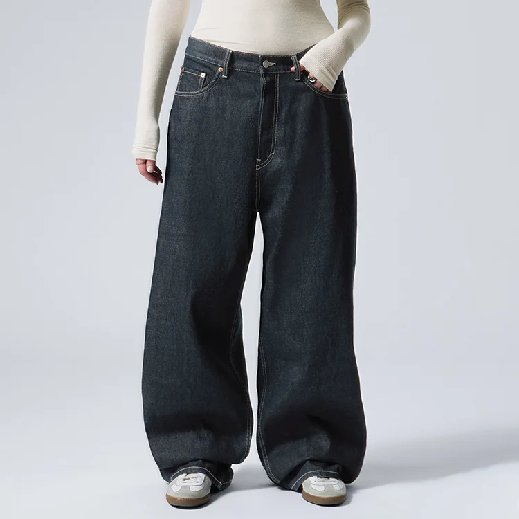 Custom Leather Patch Logo Japanese Denim Jeans Solid Wide