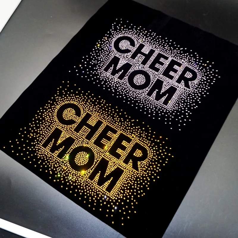 Professional designing rhinestone motif pattern iron on patch t shirt cheer mom iron-on glitter rhinestone transfer