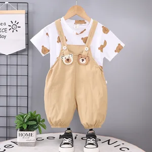 Children's Clothing Summer Boys Girls Suspenders Two-Piece Set 0-5 Years Old Full Print Neck Short Sleeve Suit 100% Cotton