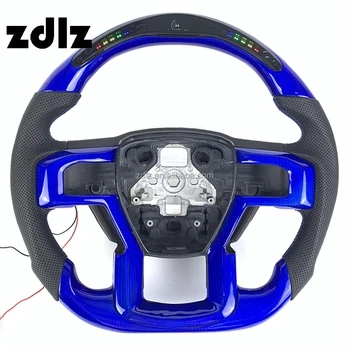 For Ford Raptor F150 LED Steering Wheel Car Interior Accessories Custom Perforated Leather Blue Carbon Fiber Steering Wheel
