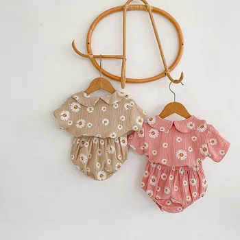 Summer Ins Style Baby Girl Set Korean Version Daisy Doll Collar Short Sleeve Top Bread Pants Baby Two-piece Set
