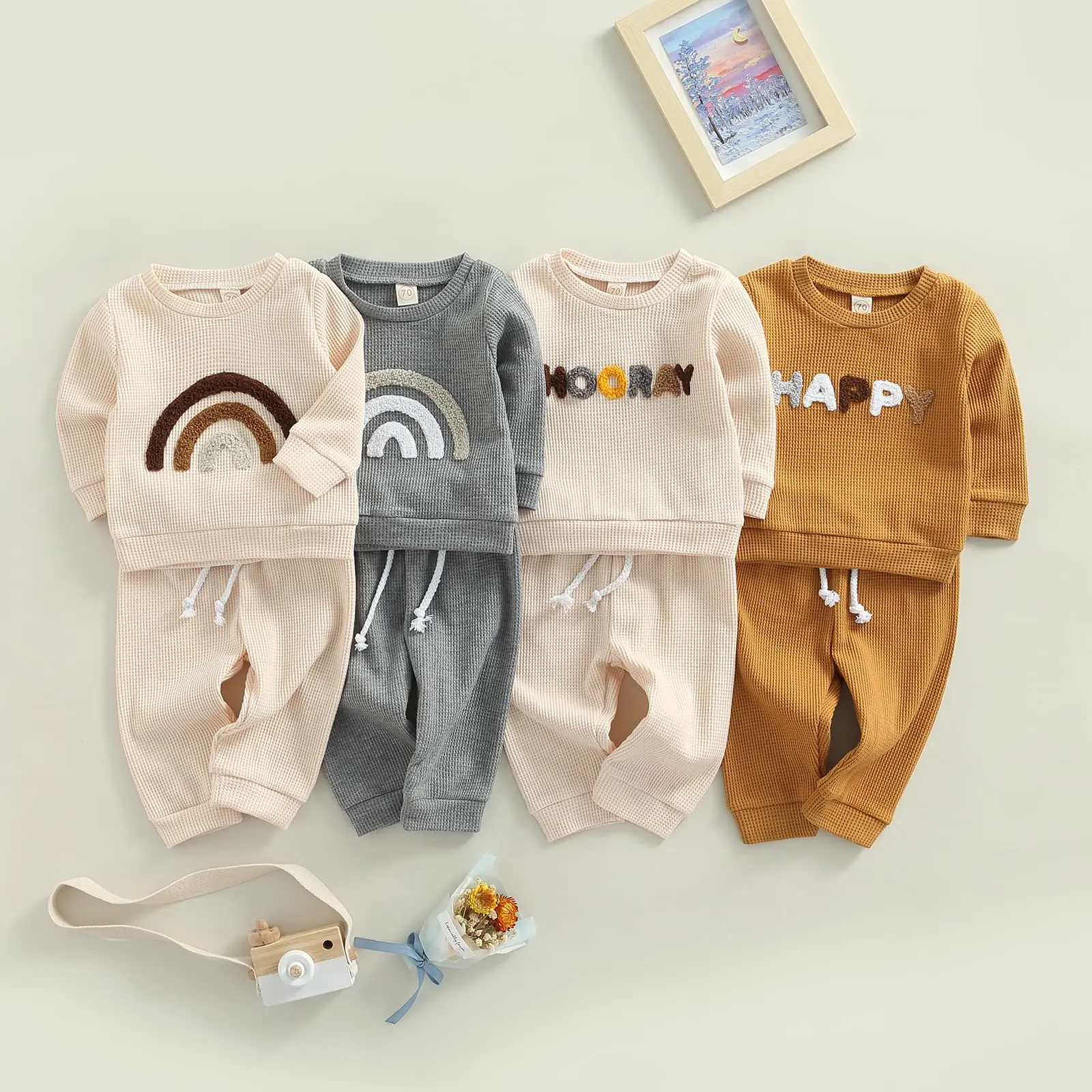0-24M Neutral Color Sweatshirt Jogger Pant Newborn Baby Outfit Boho Rainbow  Waffle Knit Baby Boys Girls Sweatsuit Clothes Set
