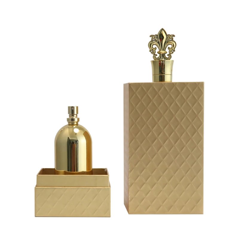Custom Logo 50ml 100ml 200ml Delicate Shaped Cap Electroplating Shiny Gold Coating Perfume Bottles With Packing Box