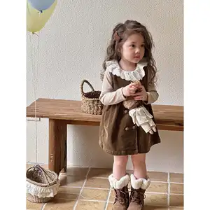 Autumn New Korean Version Girls' Casual Plaid Dress Bear Embroidery Long Sleeve Princess Dress Wooden Ear Lace Dress  for Kids